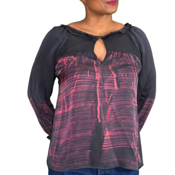 Gypsy 05 Silk Blouse Black Tunic Keyhole Ruffle Collar Top Tie Dye Boho Size XS - Picture 4 of 15